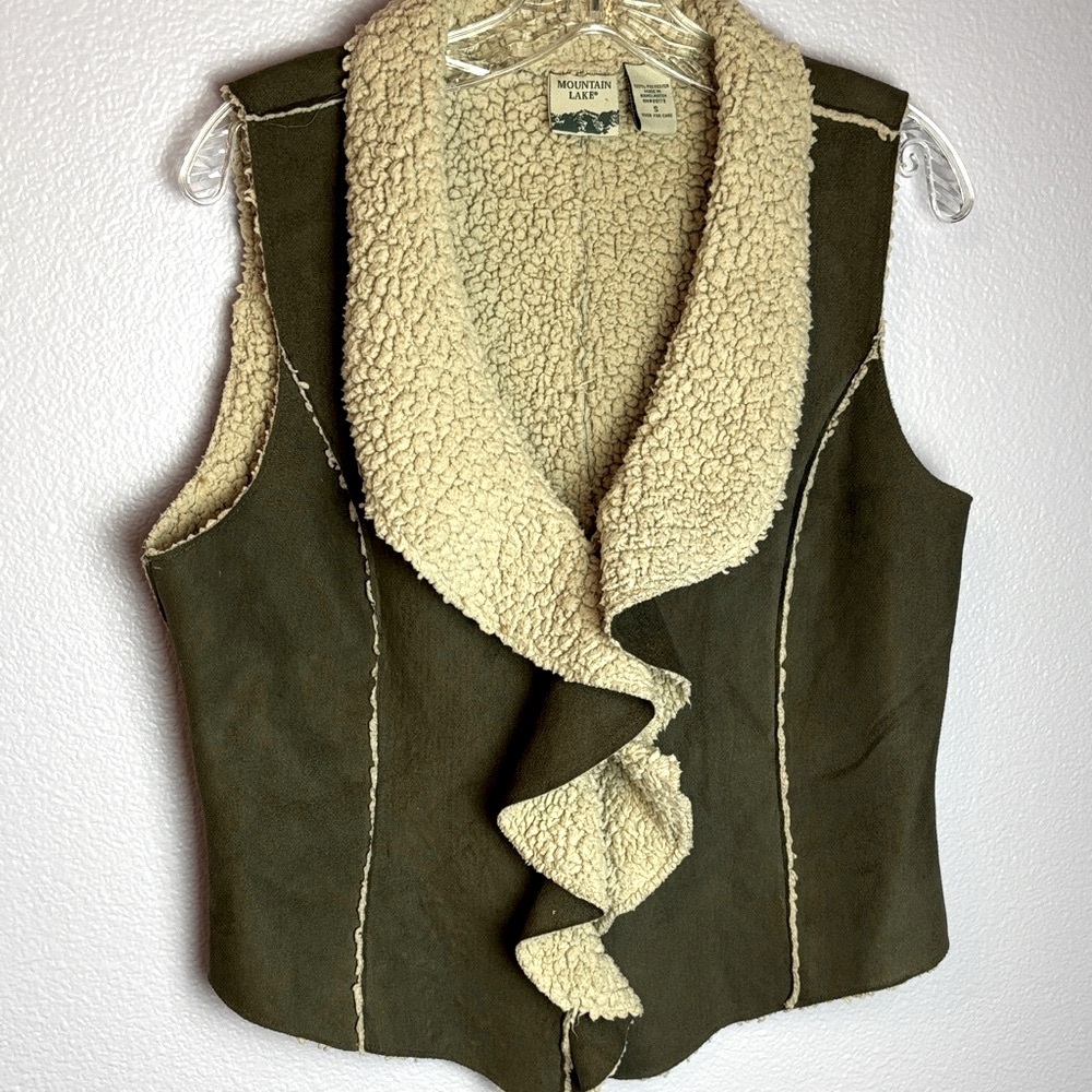 Mountain Lake Rustic Olive Faux Suede Green Fleece Sherpa Vest
